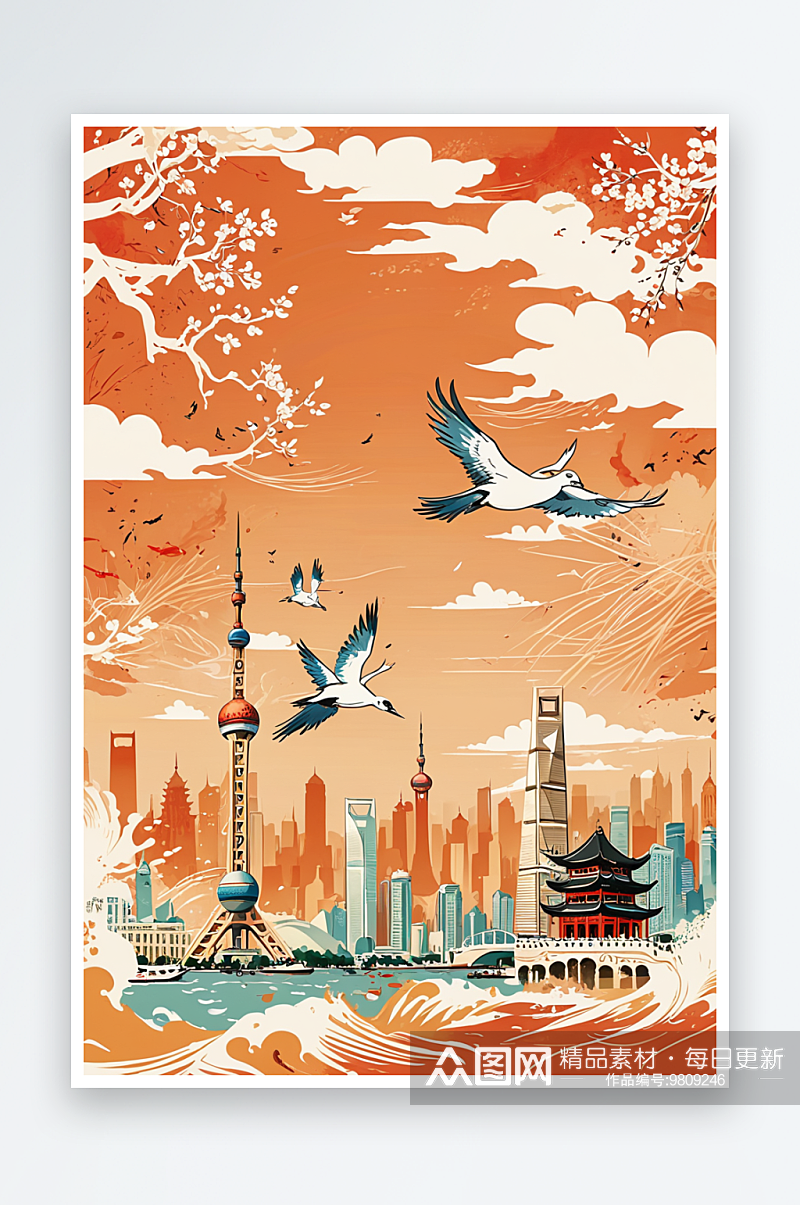 上海城市景点地标潮风插画素材