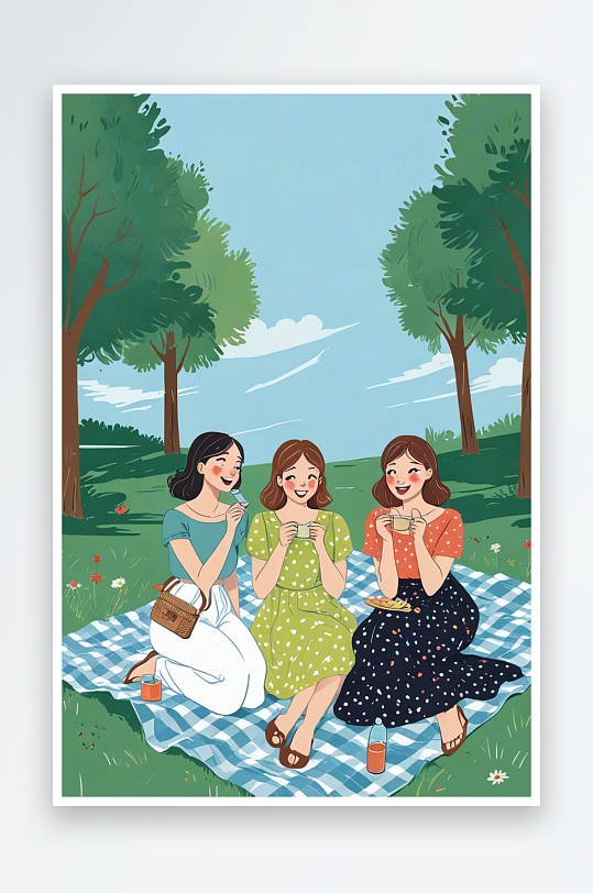 三个闺蜜女孩户外聚会坐在野餐布上拍照留念