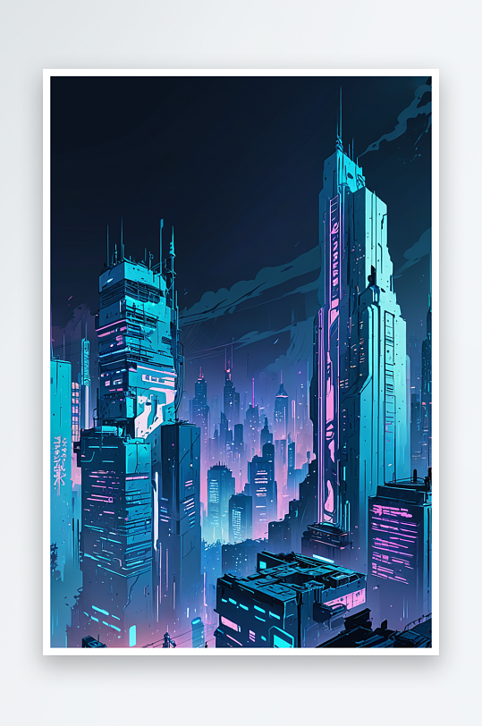 赛博朋克风格城市建筑风景插画