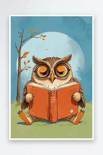 认真看书的猫头鹰萌趣可爱的动物儿童插画