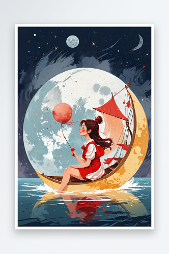 人物插画系列坐在月亮船上的红裙子女孩