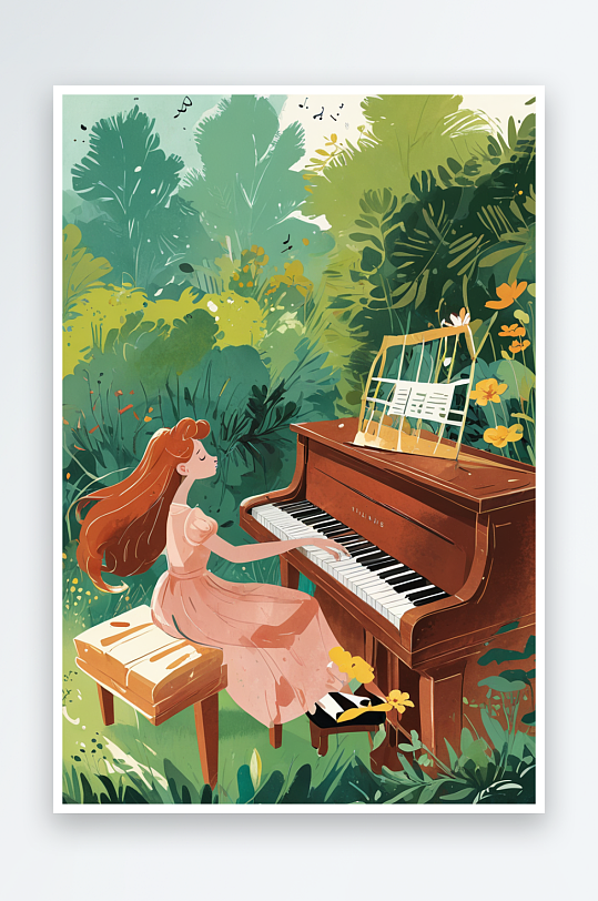 人物插画系列在院子里弹钢琴的演奏家