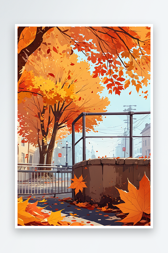 秋天落叶纷飞的街边一角