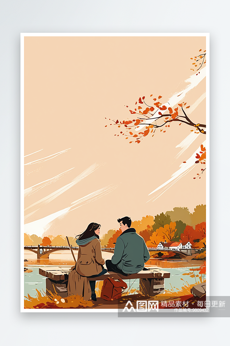秋季郊外旅游的情侣插画两个坐在桥边聊天的素材