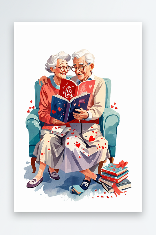 情人节插画老年夫妻坐在沙发一起回味相册