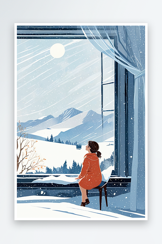 清新文艺风节气插画女孩在室内看窗外的雪