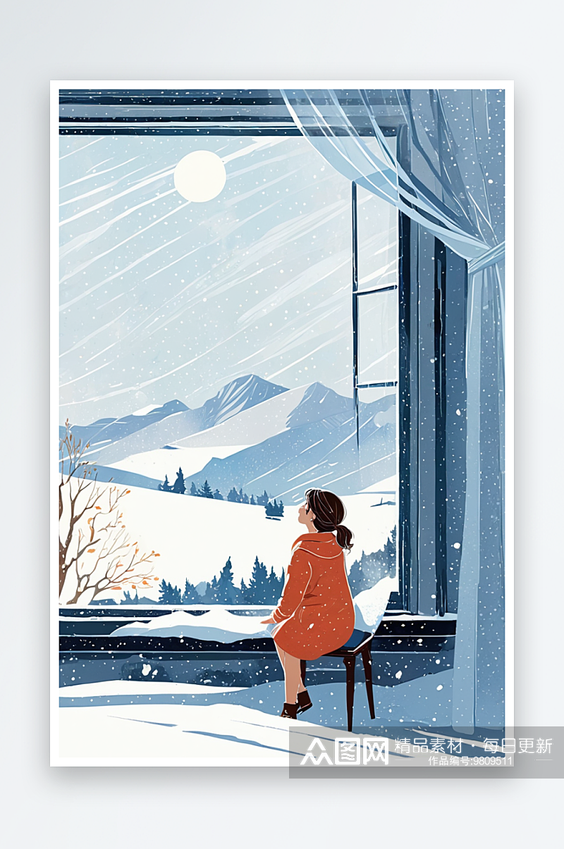 清新文艺风节气插画女孩在室内看窗外的雪素材