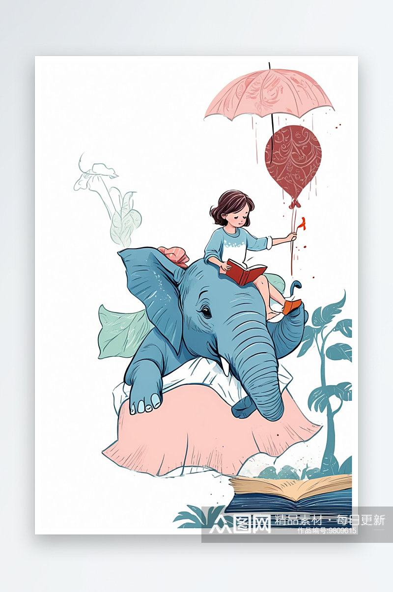 骑大象的女孩读书插画素材