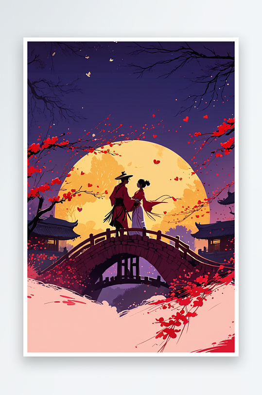 七夕节的夜晚牛郎织女在鹊桥相会的浪漫背景
