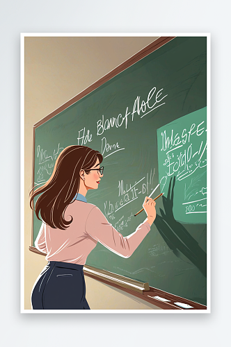 女老师在黑板前上课写粉笔字