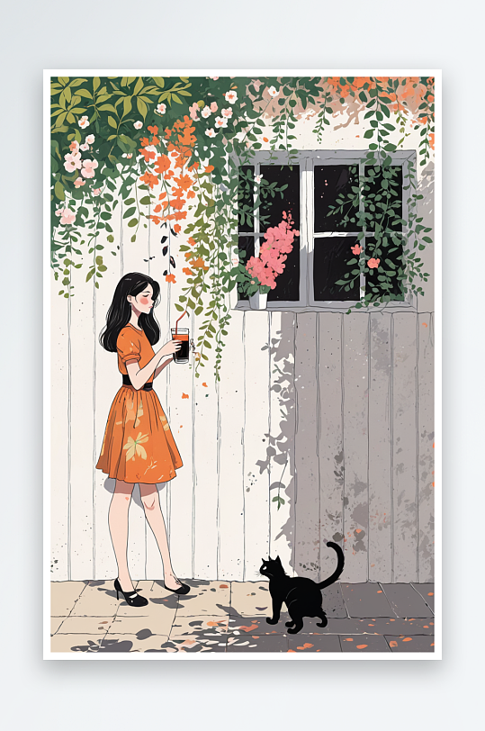 女孩站着靠墙花草叶子喝饮料黑猫小清新插画