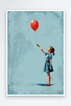 女孩拿着蓝色背景的红色气球
