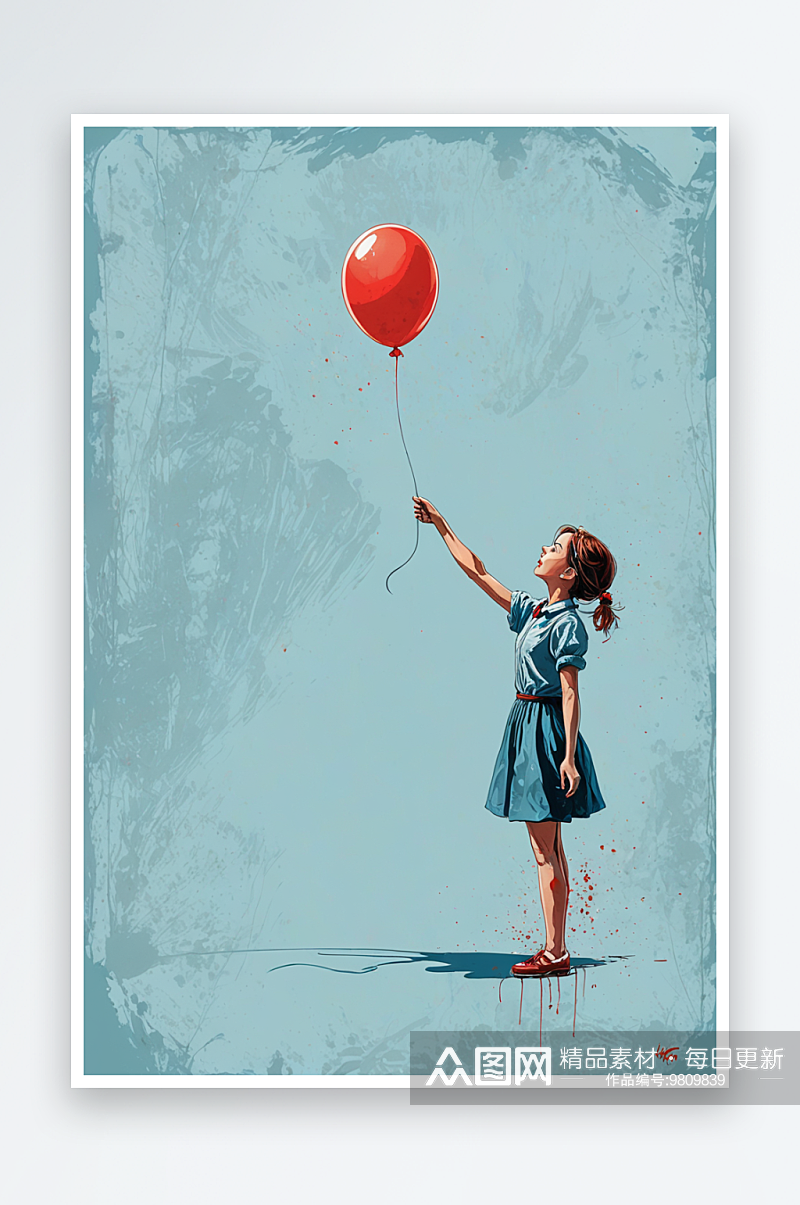 女孩拿着蓝色背景的红色气球素材