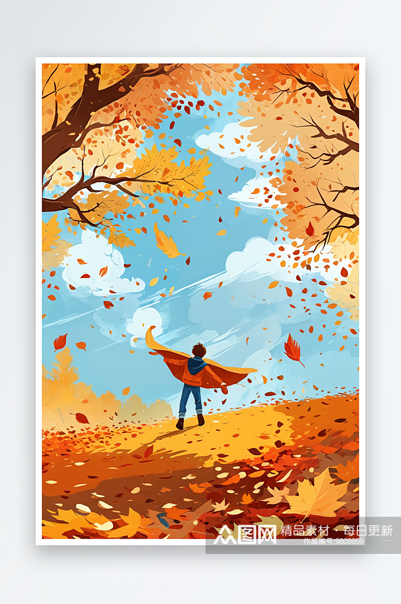 男孩站在飘落的树叶上秋天场景插画素材