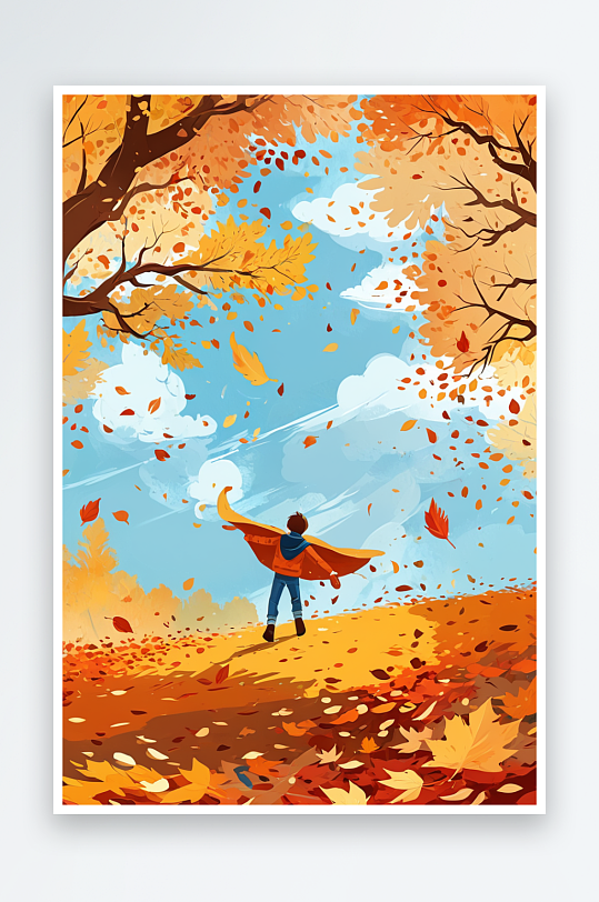 男孩站在飘落的树叶上秋天场景插画