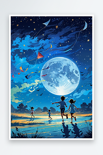 男孩和女孩在星空圆月下奔跑放风筝壁纸插画