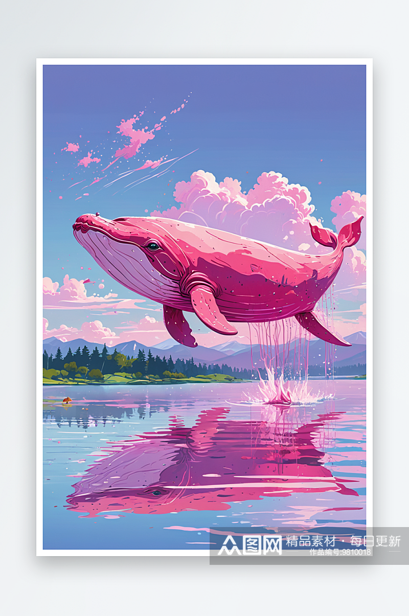 明亮背景下粉红色的鲸鱼游在湖面上素材