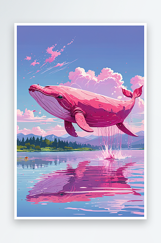明亮背景下粉红色的鲸鱼游在湖面上