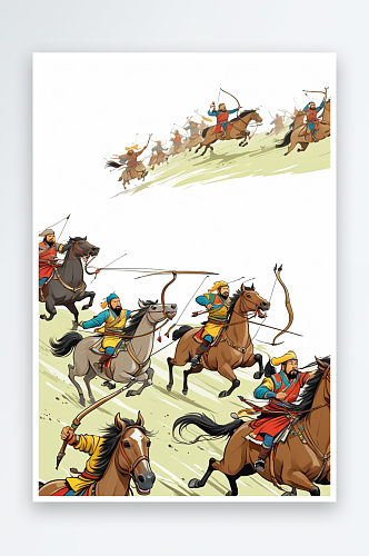 蒙古族匈奴骑马射箭奔腾插画卡通手绘