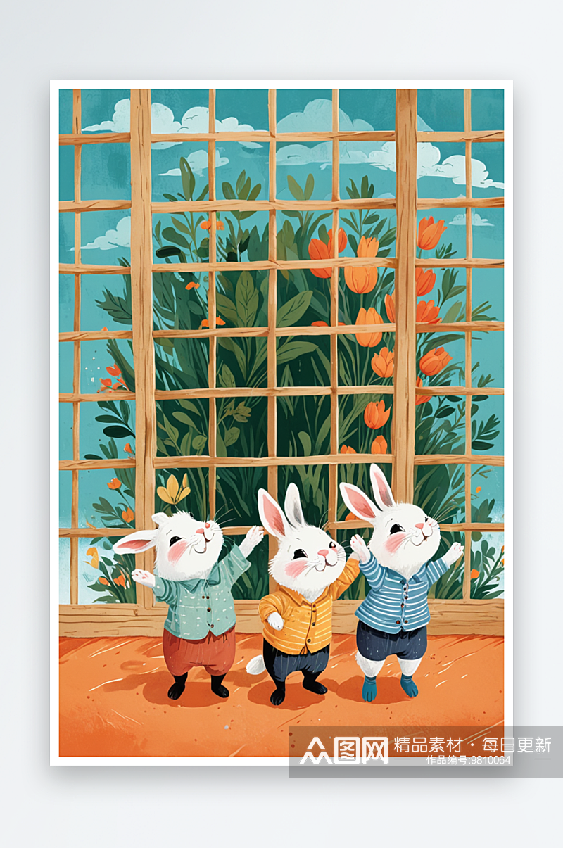 萌趣可爱的动物主题插画室内的三只小兔素材