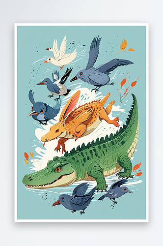 萌趣可爱的动物主题插画鳄鱼和兔子和鸟