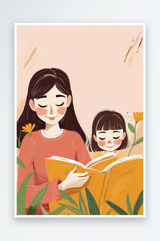 妈妈陪伴女儿阅读的小清新插画