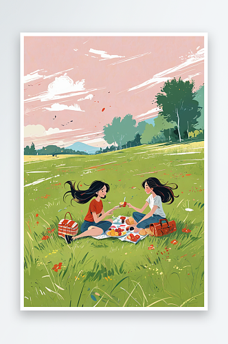 两个女孩在户外草地上野餐