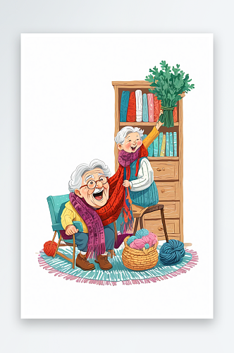 老奶奶为老爷爷织围巾