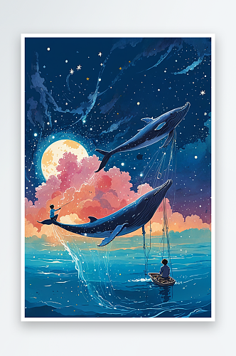 浪漫星空下骑在鲸鱼上的男孩治愈系插画竖版