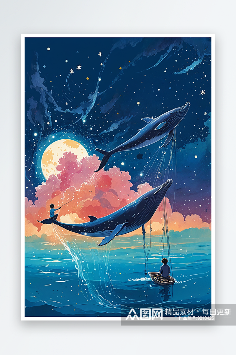 浪漫星空下骑在鲸鱼上的男孩治愈系插画竖版素材
