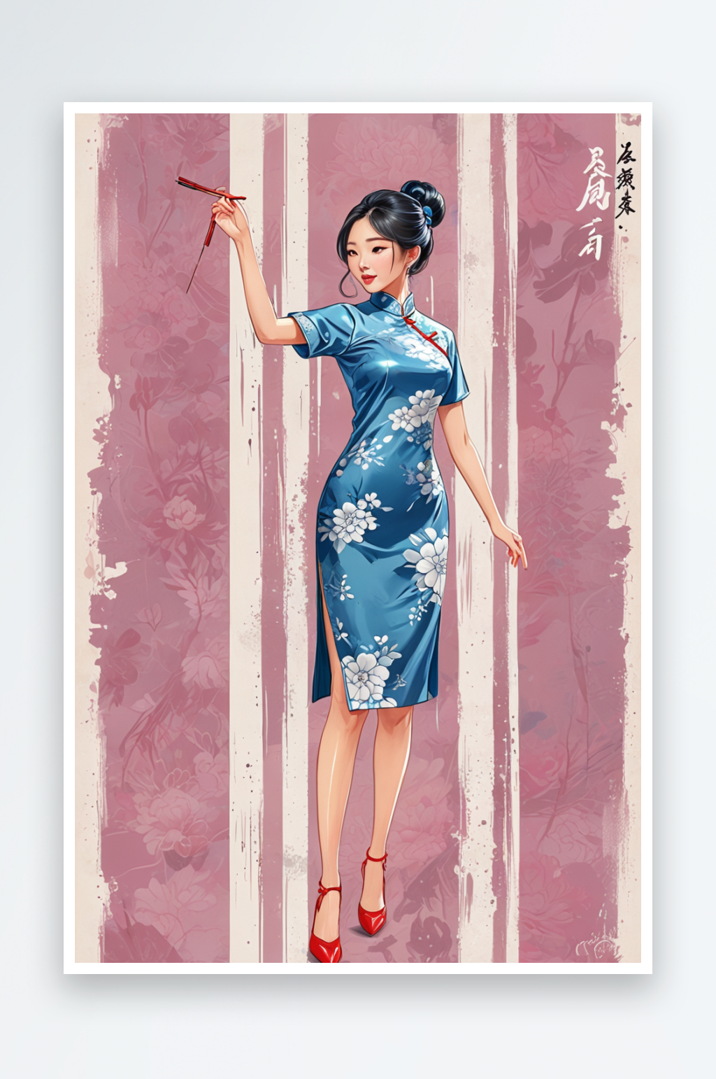蓝色旗袍少女图片素材