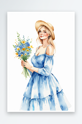 蓝色连衣裙戴草帽的少女手拿一束花水彩插画