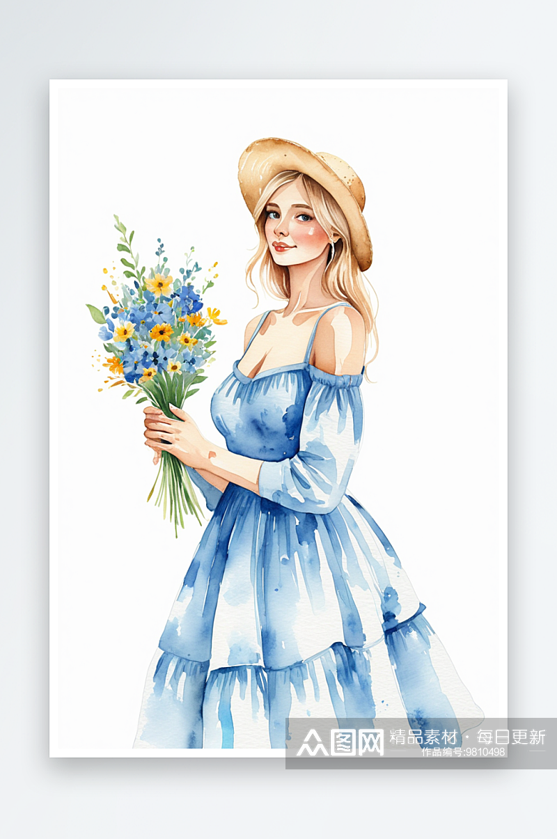蓝色连衣裙戴草帽的少女手拿一束花水彩插画素材