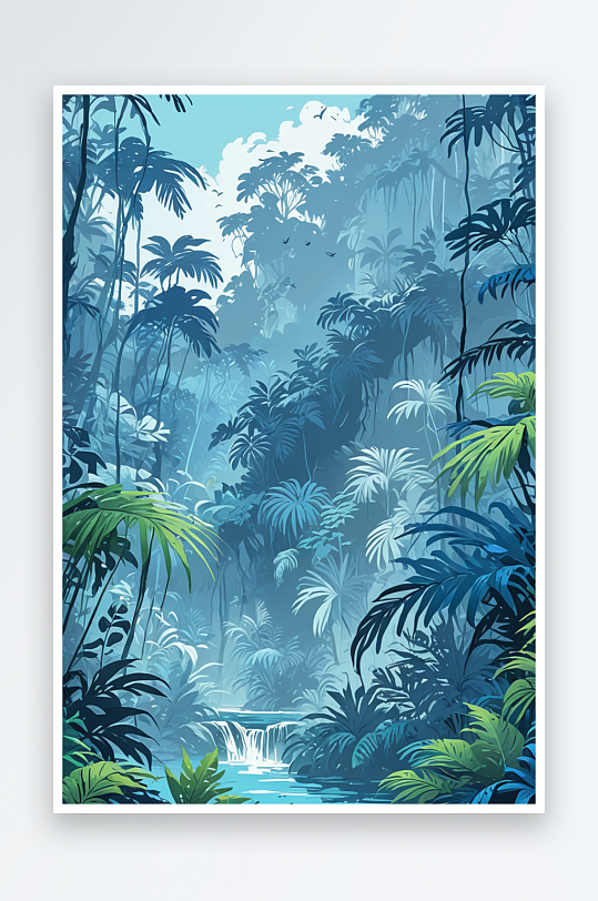 蓝色丛林丽的自然风光插画