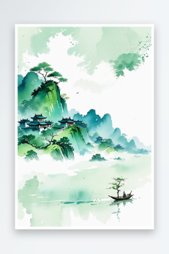 蓝绿色江南风景山水画
