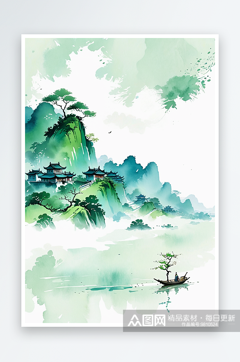 蓝绿色江南风景山水画素材