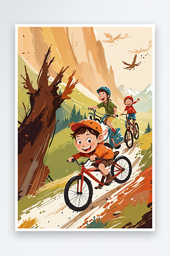 快乐的孩子在山上骑车