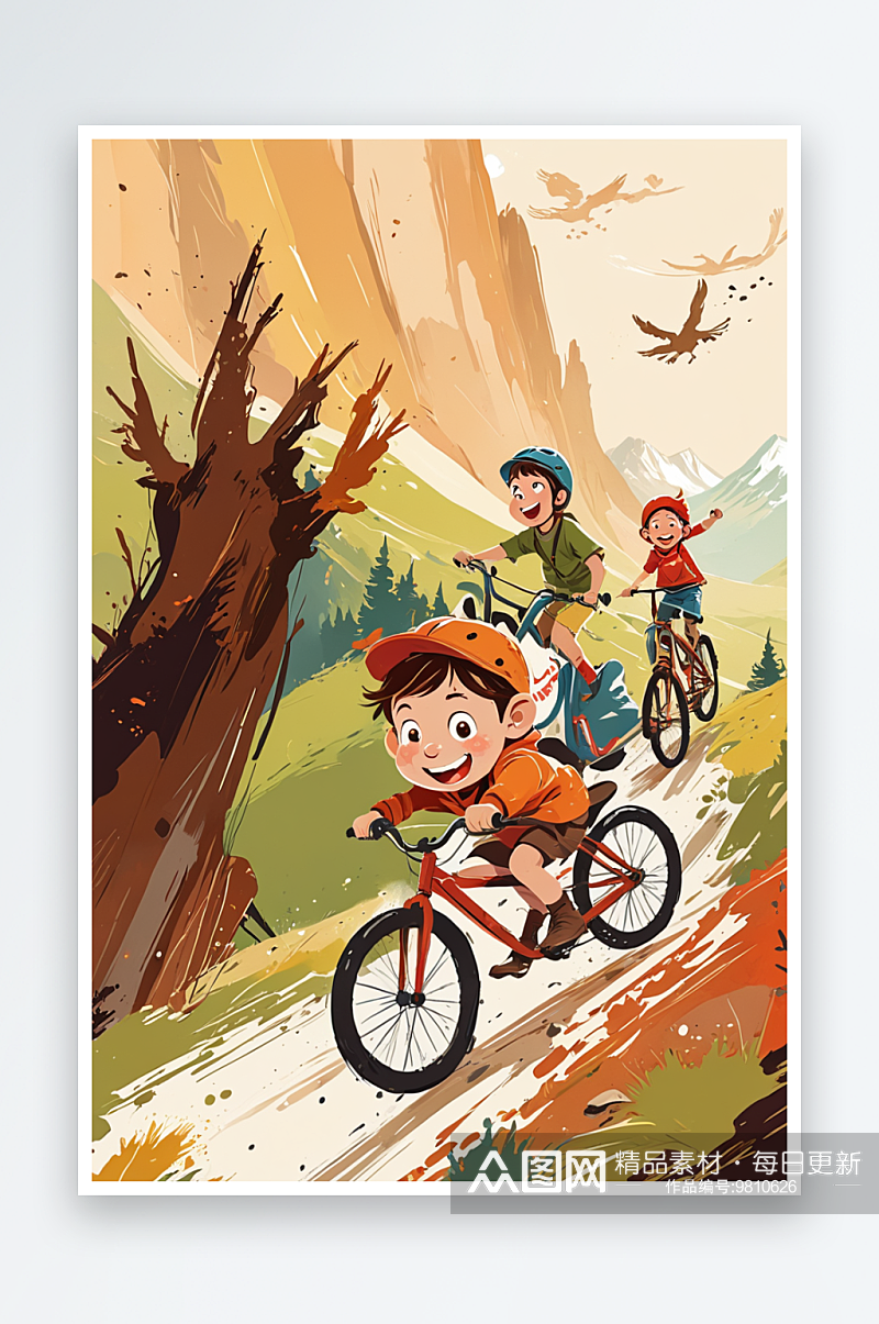 快乐的孩子在山上骑车素材