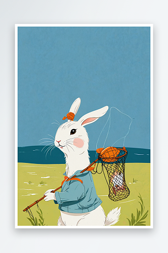 可爱有趣的动物插画肩膀上扛着捕鱼网的兔子