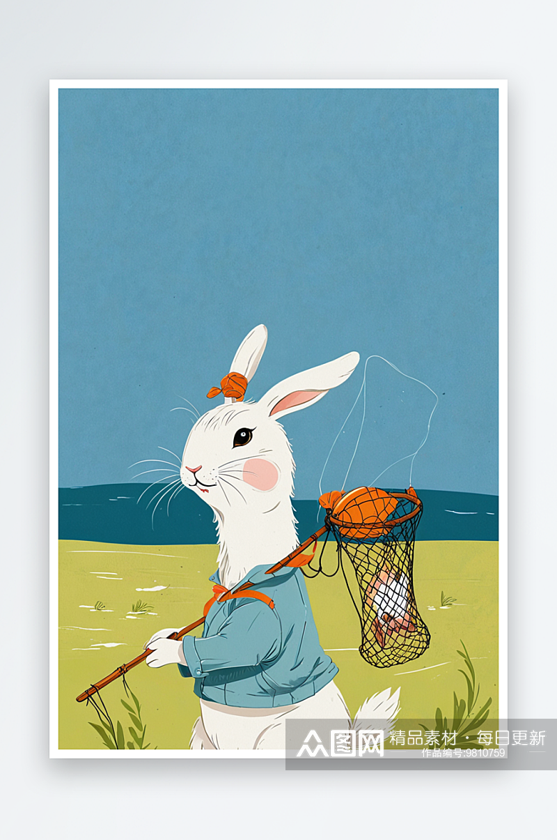 可爱有趣的动物插画肩膀上扛着捕鱼网的兔子素材