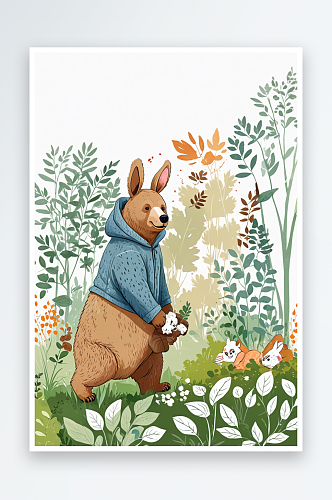 可爱有趣的动物插画花园里提着树叶的棕熊和