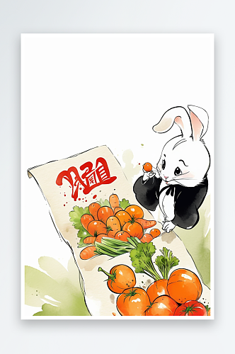 可爱水墨中画虚拟人物卖菜的兔子先生