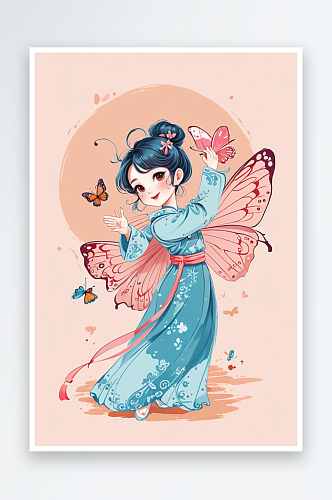 可爱古装女孩手绘插画造型祝英台变成蝴蝶