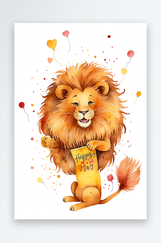 可爱的生日祝福聚会狮子用包盒子手绘水彩剪