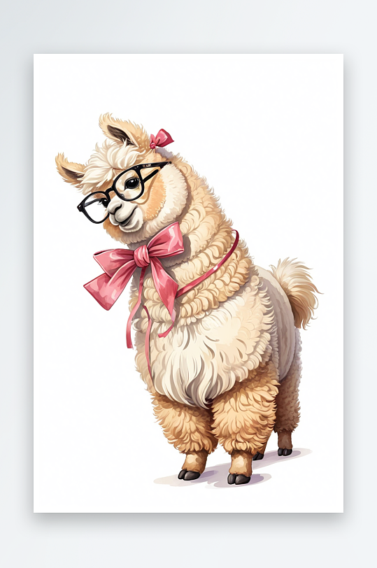可爱的卡通毛绒羊驼动物与蝴蝶结带在眼镜