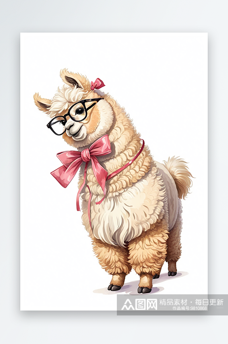 可爱的卡通毛绒羊驼动物与蝴蝶结带在眼镜素材