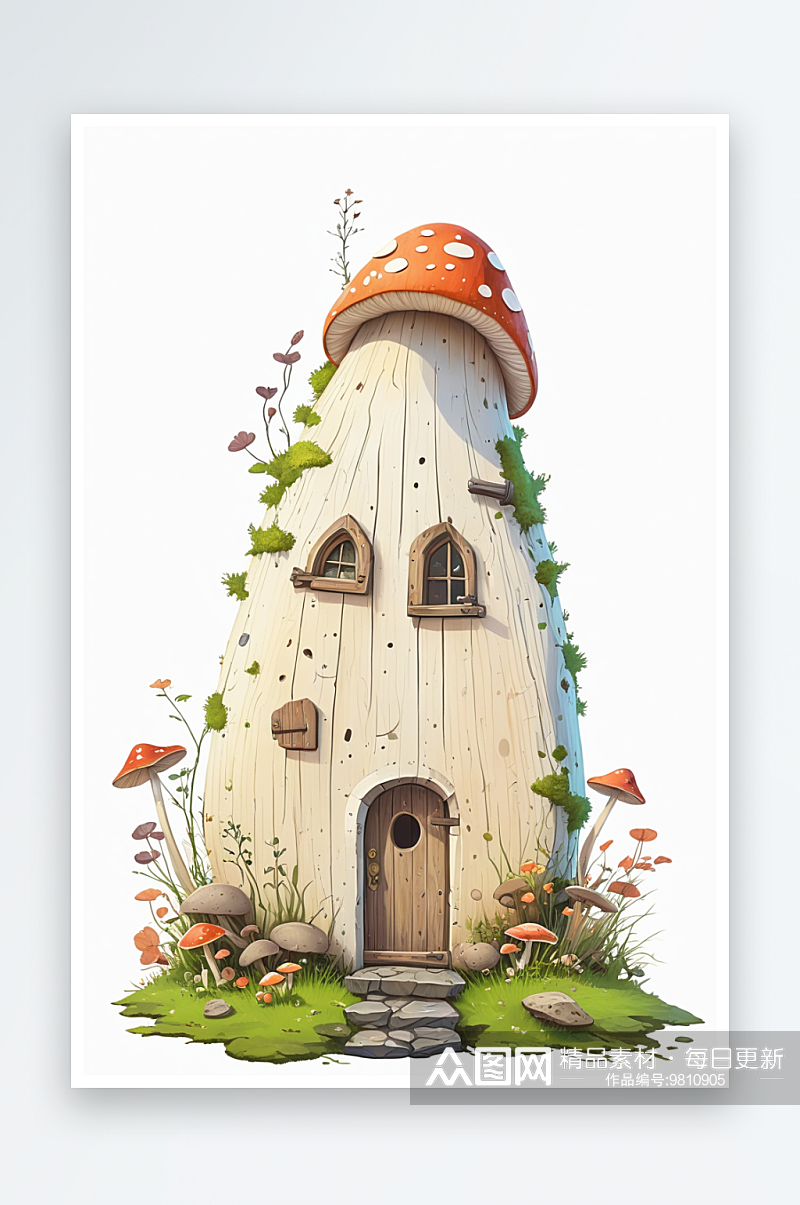 可爱的大蘑菇屋小窗户和木门苔藓背景和小真素材
