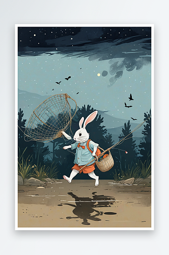 扛着渔网挑灯夜行的兔子萌趣可爱的动物儿童