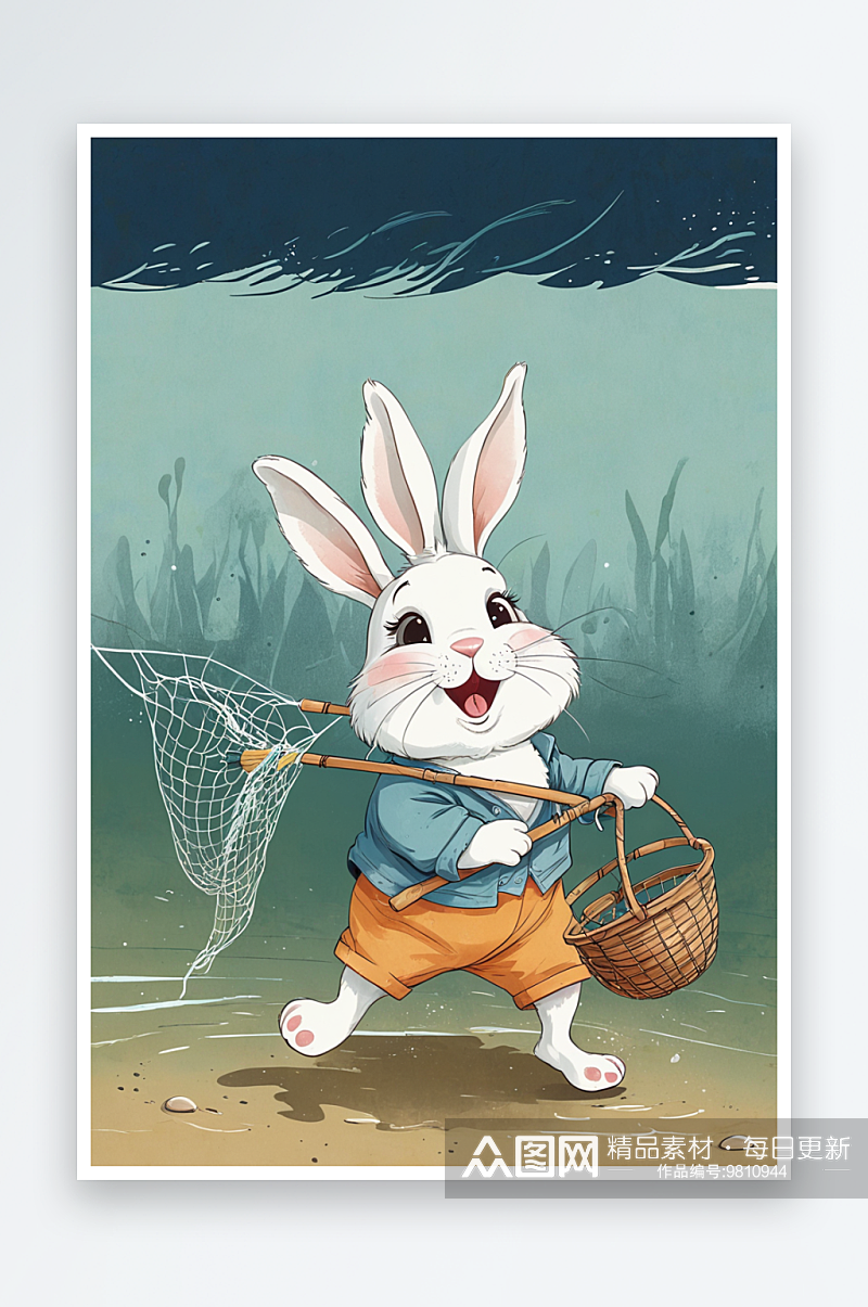 扛着渔网的小兔萌趣可爱的动物儿童插画素材