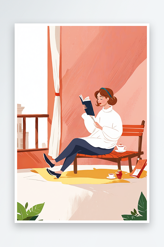 卡通手绘世界读书日女人看书喝下午茶天台插